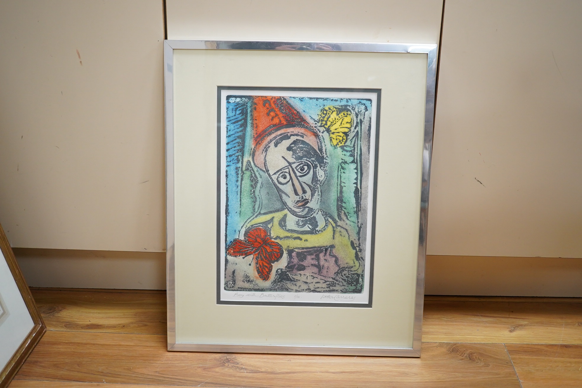 Peter Carreras, linocut etching, ‘Boy with Butterflies’, signed in pencil, limited edition 1/10, 40 x 28cm. Condition - good